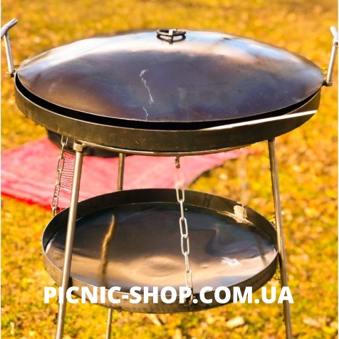 Сковорідка з диску САДЖ - Набір "Сковородка 500мм з кришкою, з чохлом та підставкою для багаття з розбірними ніжками"